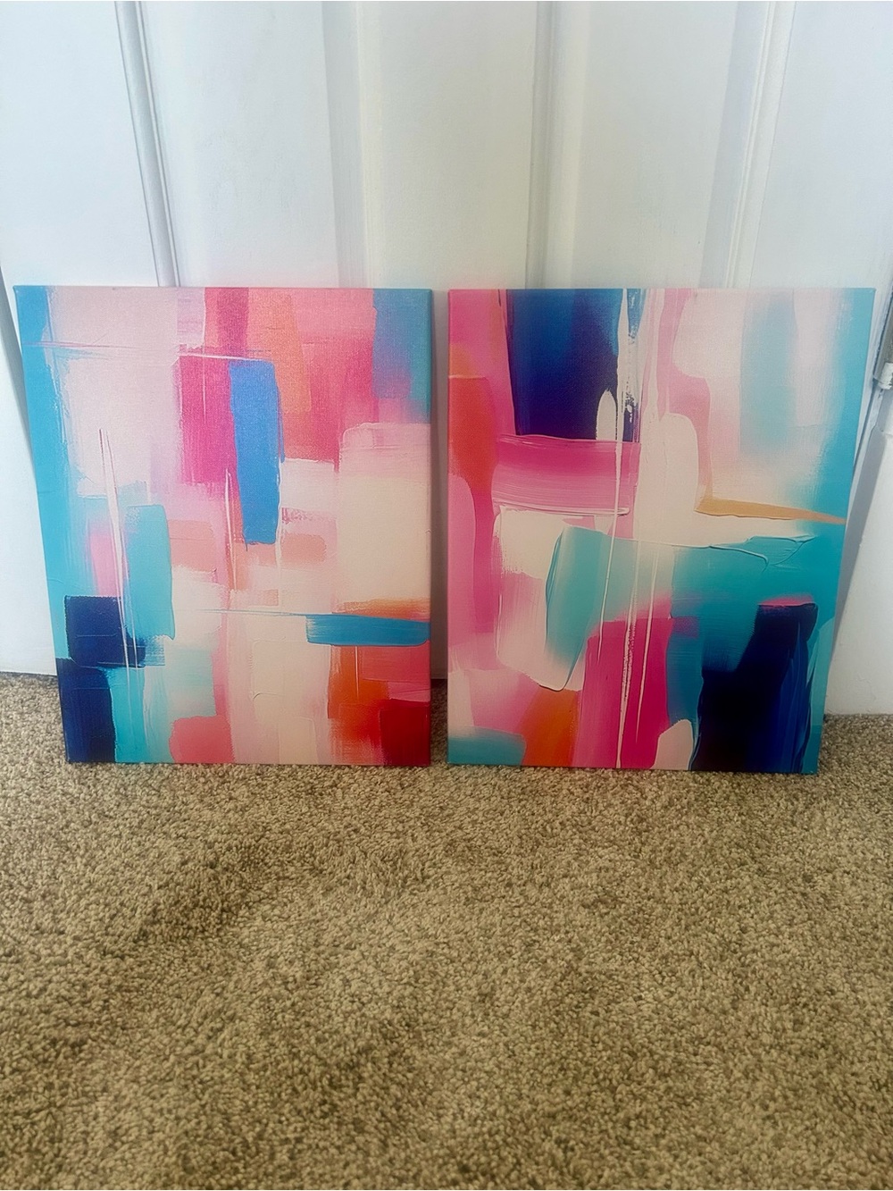 Abstract Diptych Canvas Set in Pink, Teal, Blue